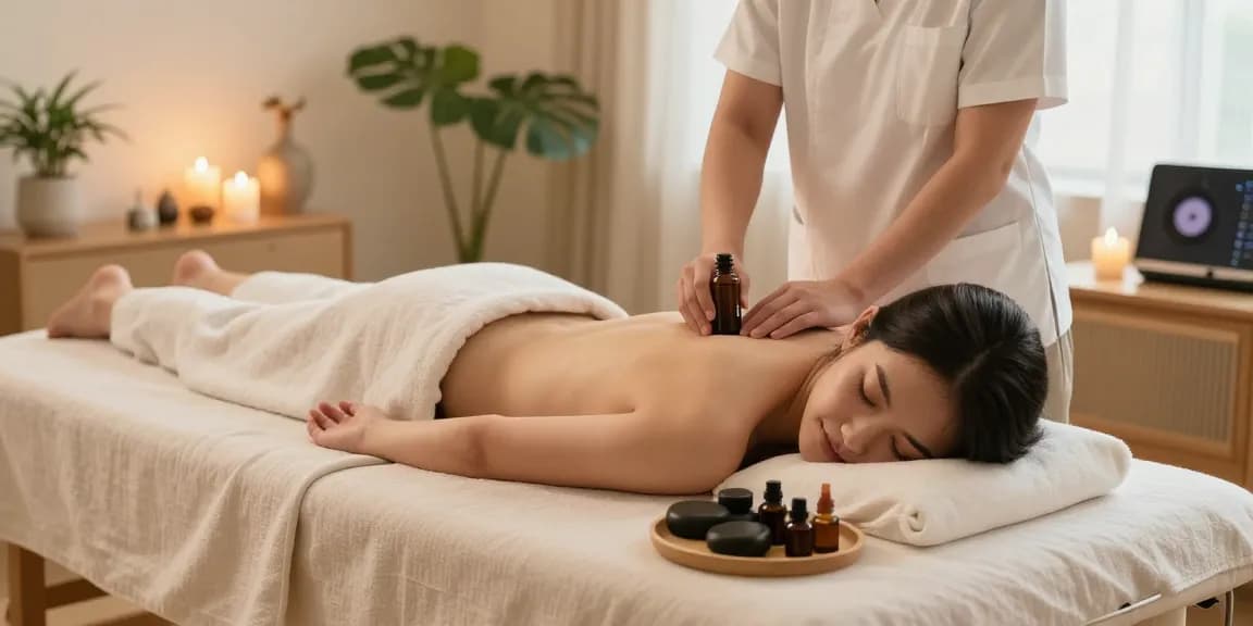 Experiencing 야탑출장마사지 at home, a serene massage scene with calming oils and soft lighting.