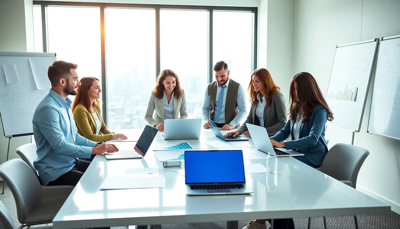 Marketing consultancy professionals collaborating in a bright, modern office.