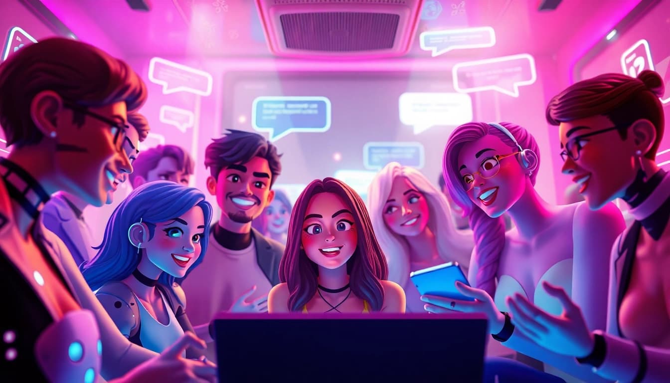 Engaging characters in an AI sexchat room, showcasing vibrant interactions.