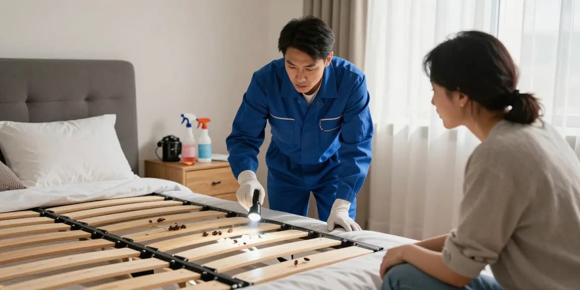 Expert bed bug removal service inspecting a bedroom for infestations while ensuring client concern is addressed.