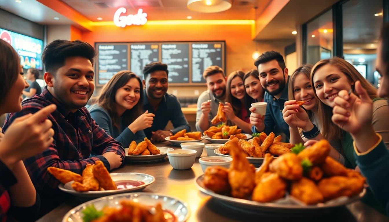 Enjoy a delightful dining experience with 'go wings' at a vibrant restaurant, showcasing flavorful dishes and a friendly atmosphere.