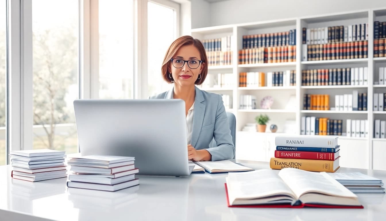Sworn translation service in a modern office setting with legal documents.