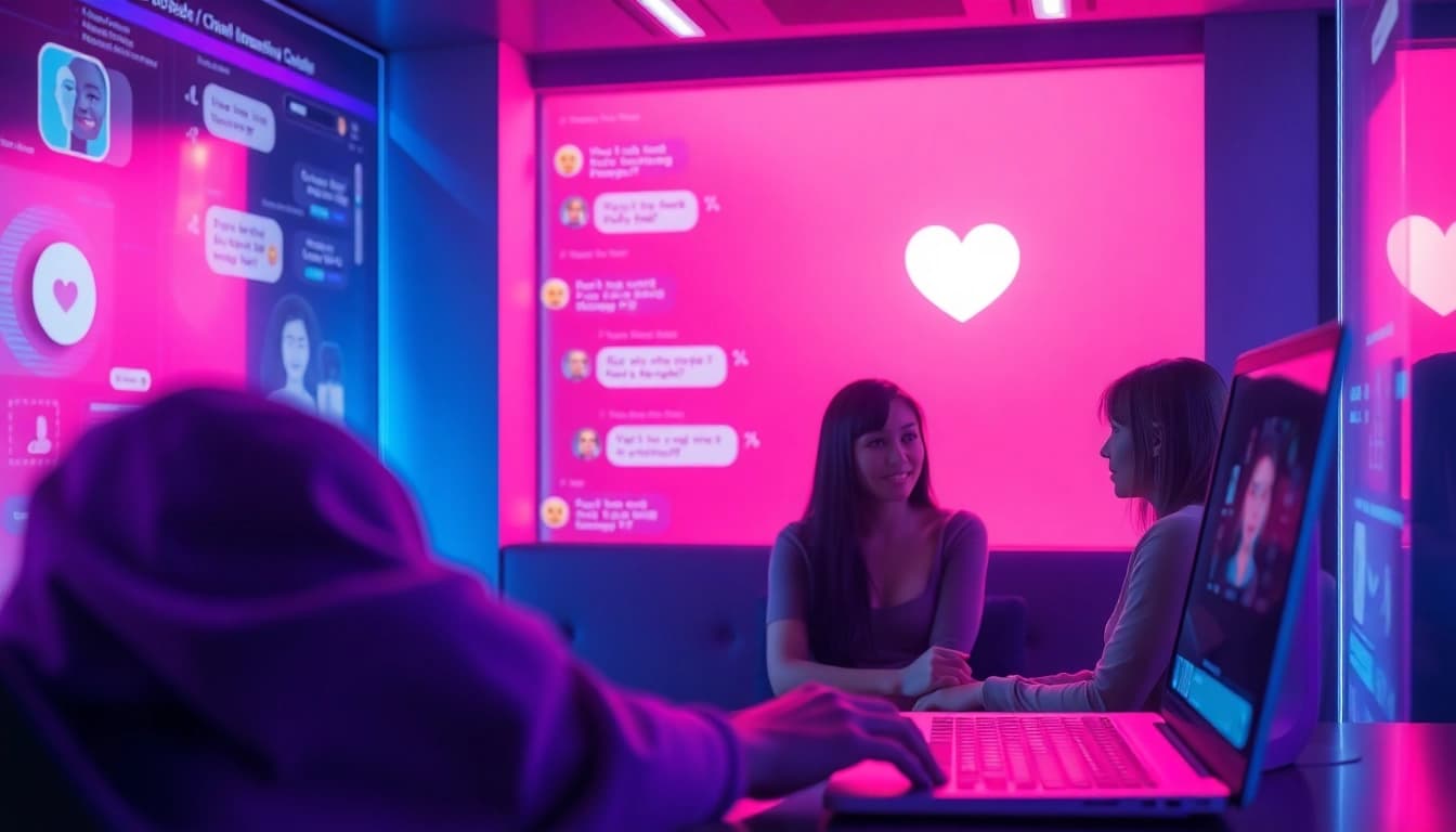 Engaging AI sex chat characters in a vibrant digital chat room atmosphere