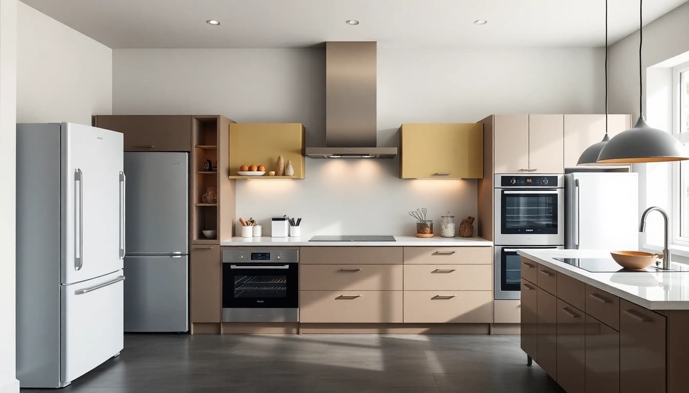 Explore бяла техника appliances in a stylish kitchen featuring sleek refrigerators, dishwashers, and ovens.