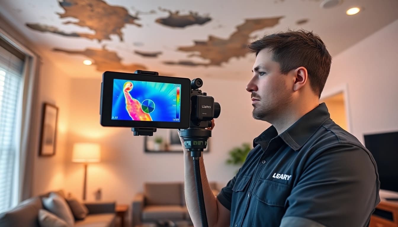 Water leak detection technician using thermal imaging to locate a hidden leak in a home.