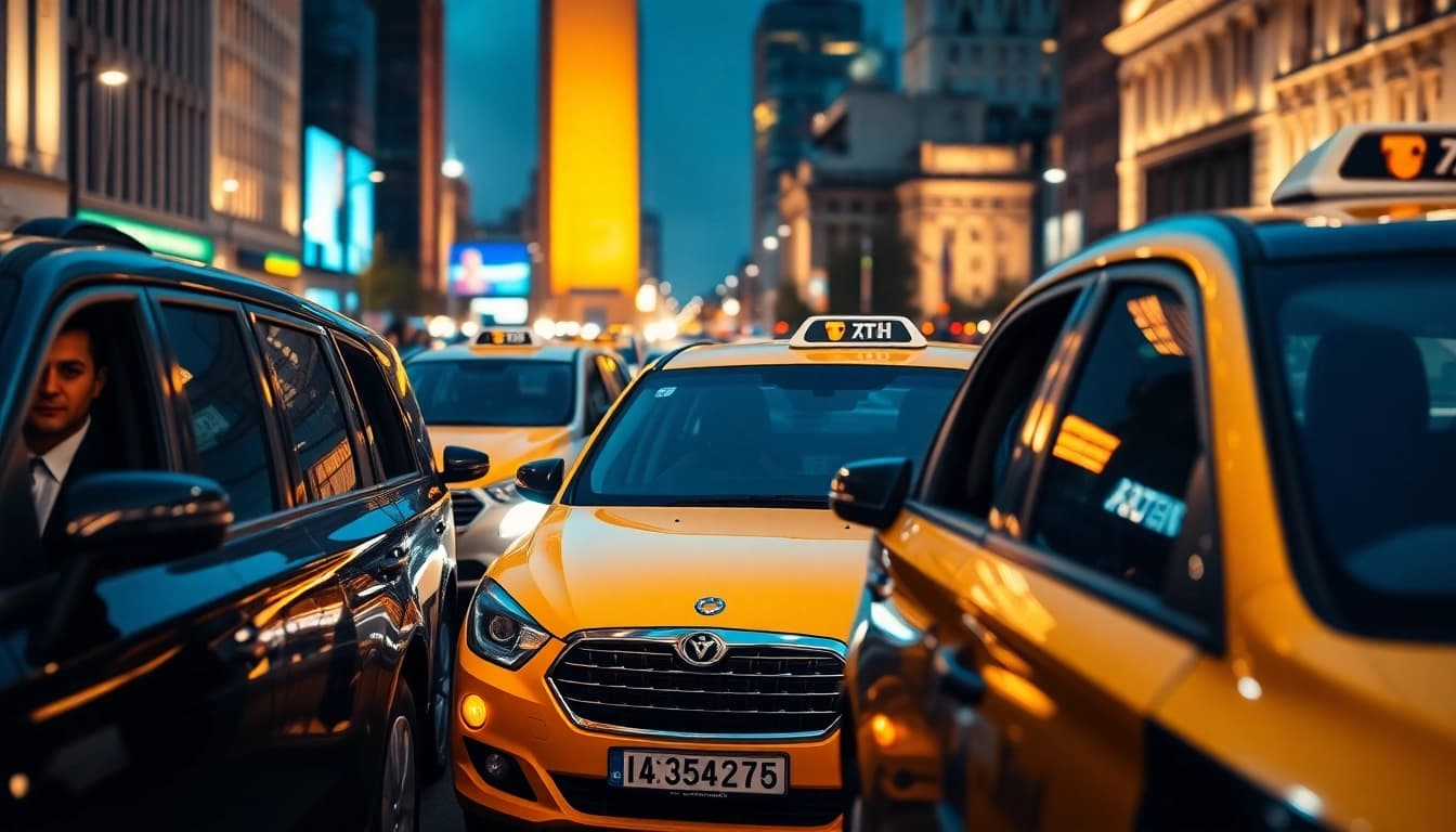 Minicabs ready for passengers in a vibrant urban setting with professional drivers.