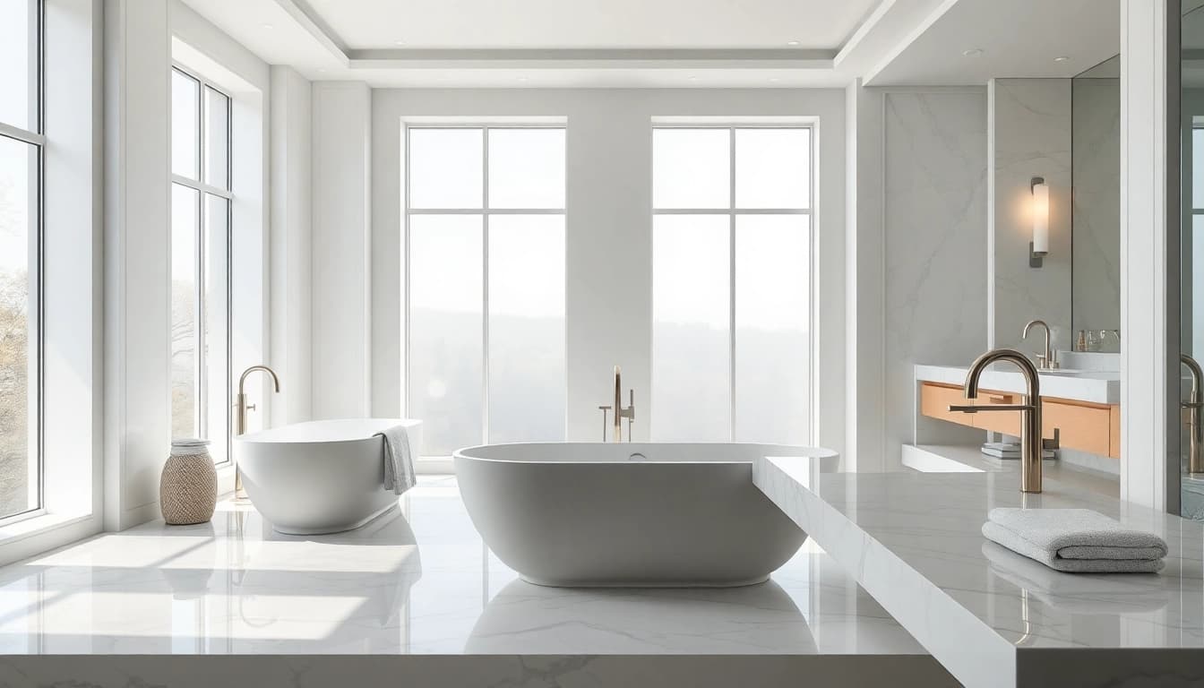 Transform your space with elegant bathrooms adorned with luxurious marble, natural light, and modern fixtures.