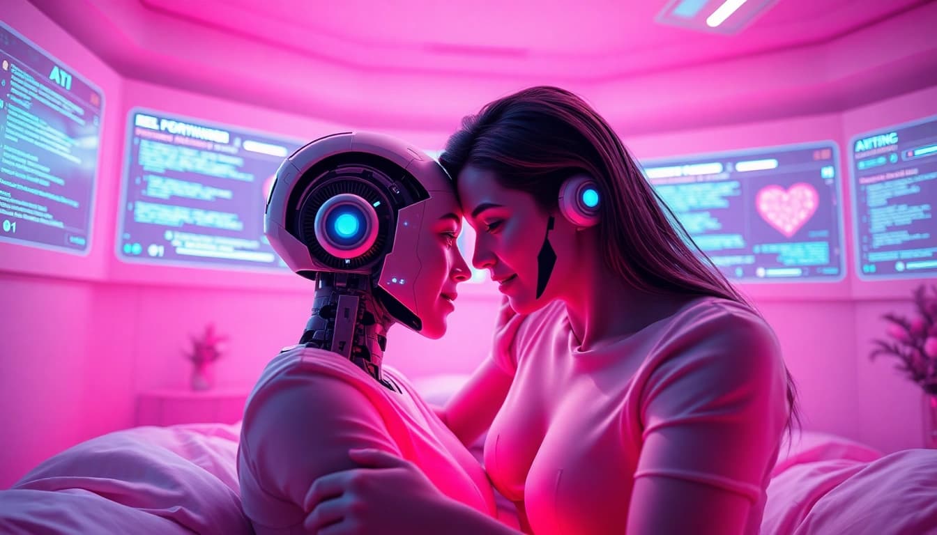 Engaging scene of a user interacting with a friendly AI companion in a cozy virtual setting, embodying the concept of sex ai.