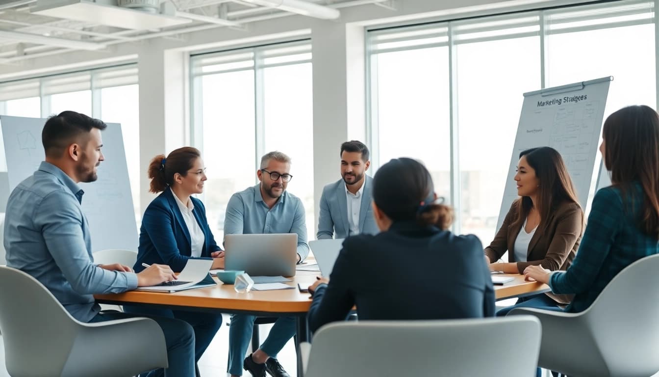 Marketing consultancy team collaborating on strategies in a modern office.