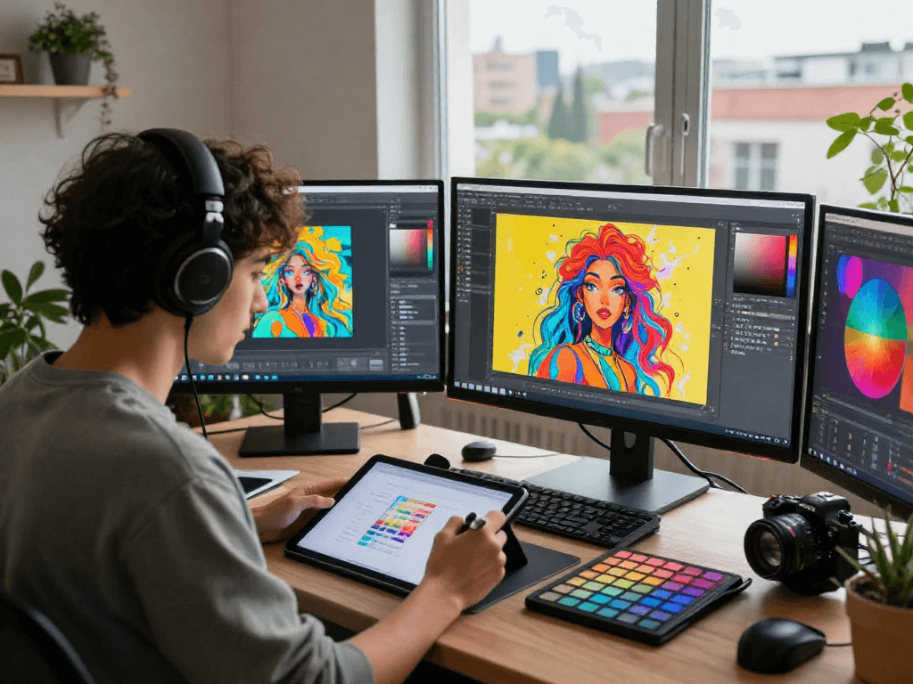 Creating vibrant ai nsfw art in a modern digital studio with ambient lighting and multiple screens displaying artwork.
