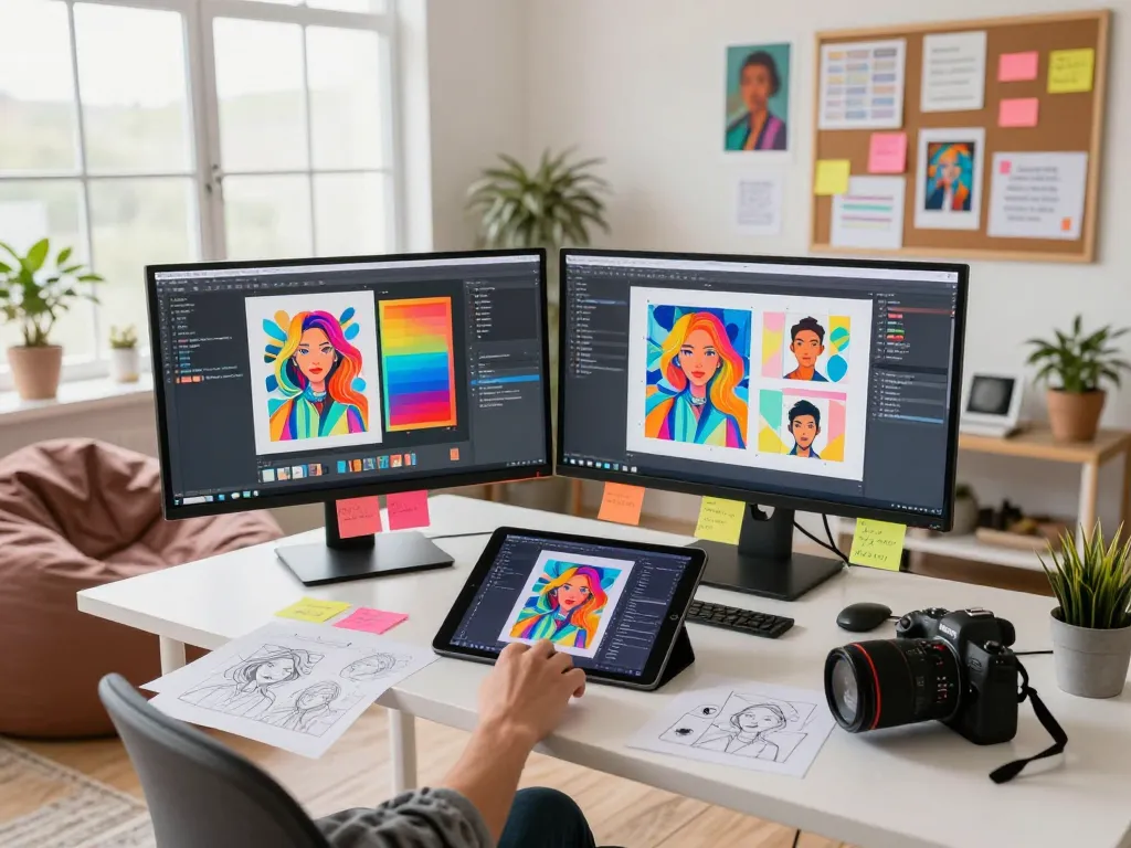 AI artist's studio with creative workspace generating image prompts for digital art.