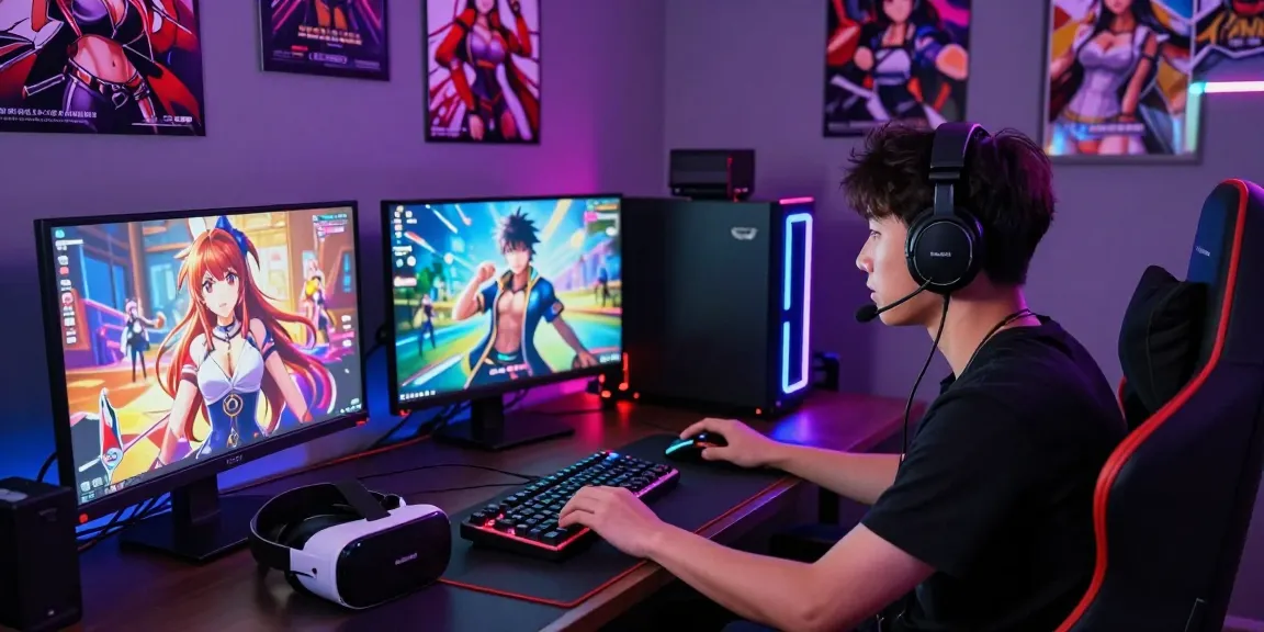Engaging gamer playing a hentai game in a vibrant gaming setup with colorful lights and multiple screens.