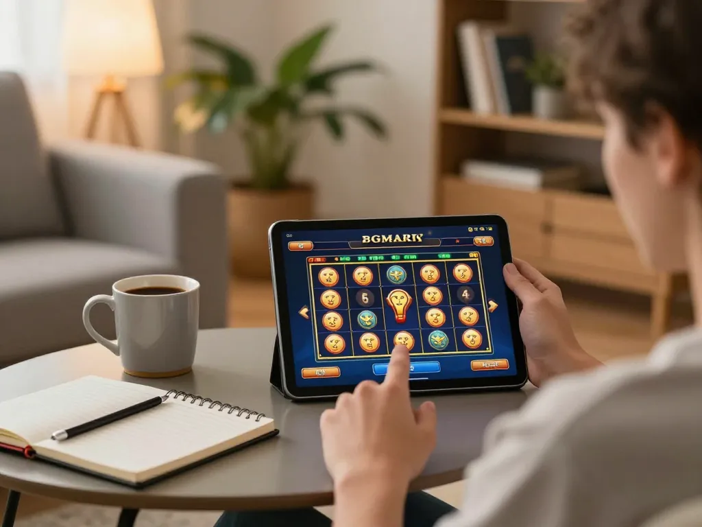 Engaging scene of tg88 đăng nhập on a tablet, showcasing an online slot game in a cozy home.