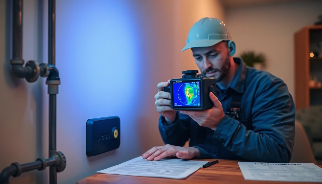 Technician using advanced thermal imaging for hidden leak detection in a residential setting.