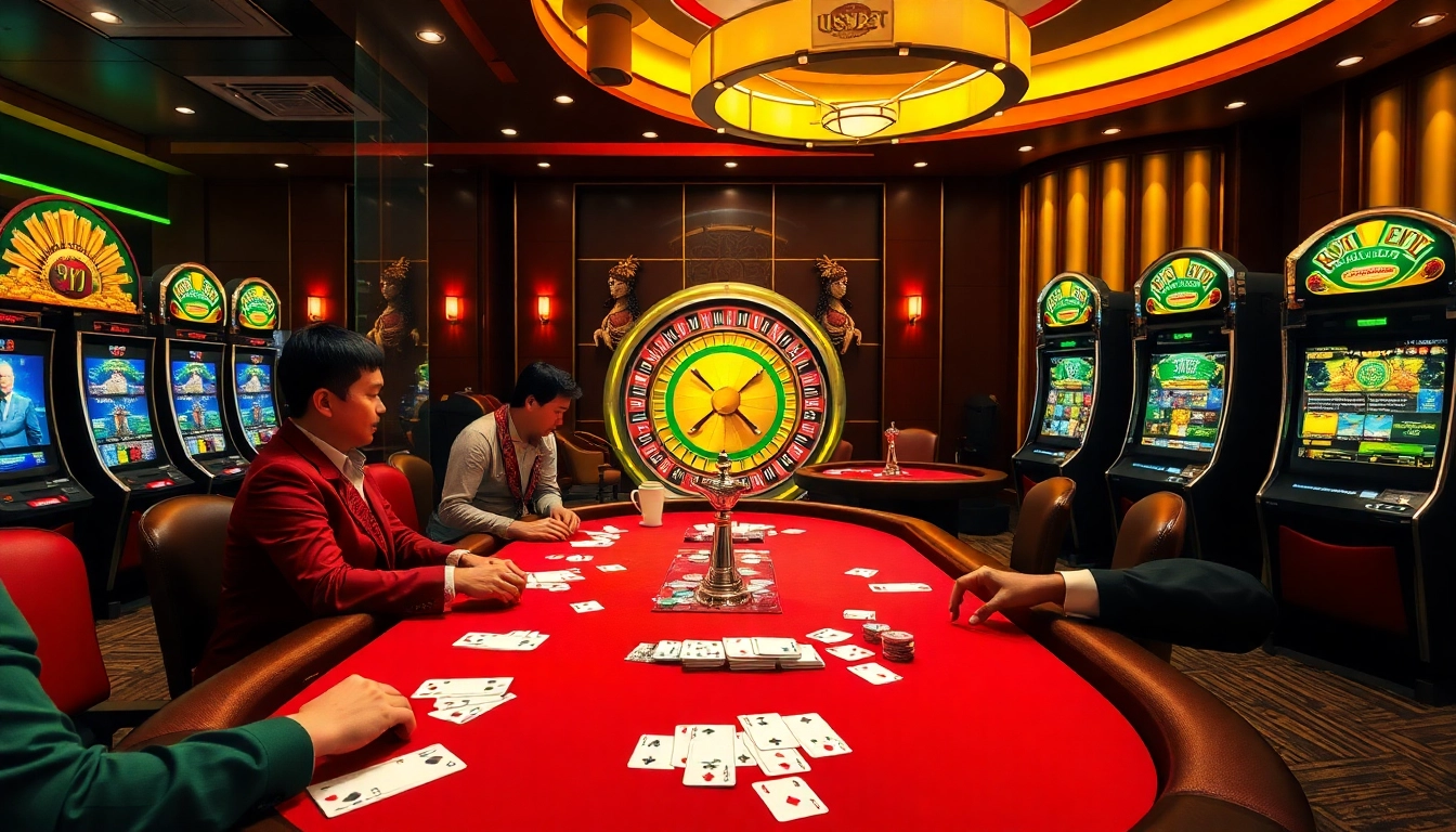 Experience the thrill of usbet with a luxurious casino scene featuring poker and roulette games.