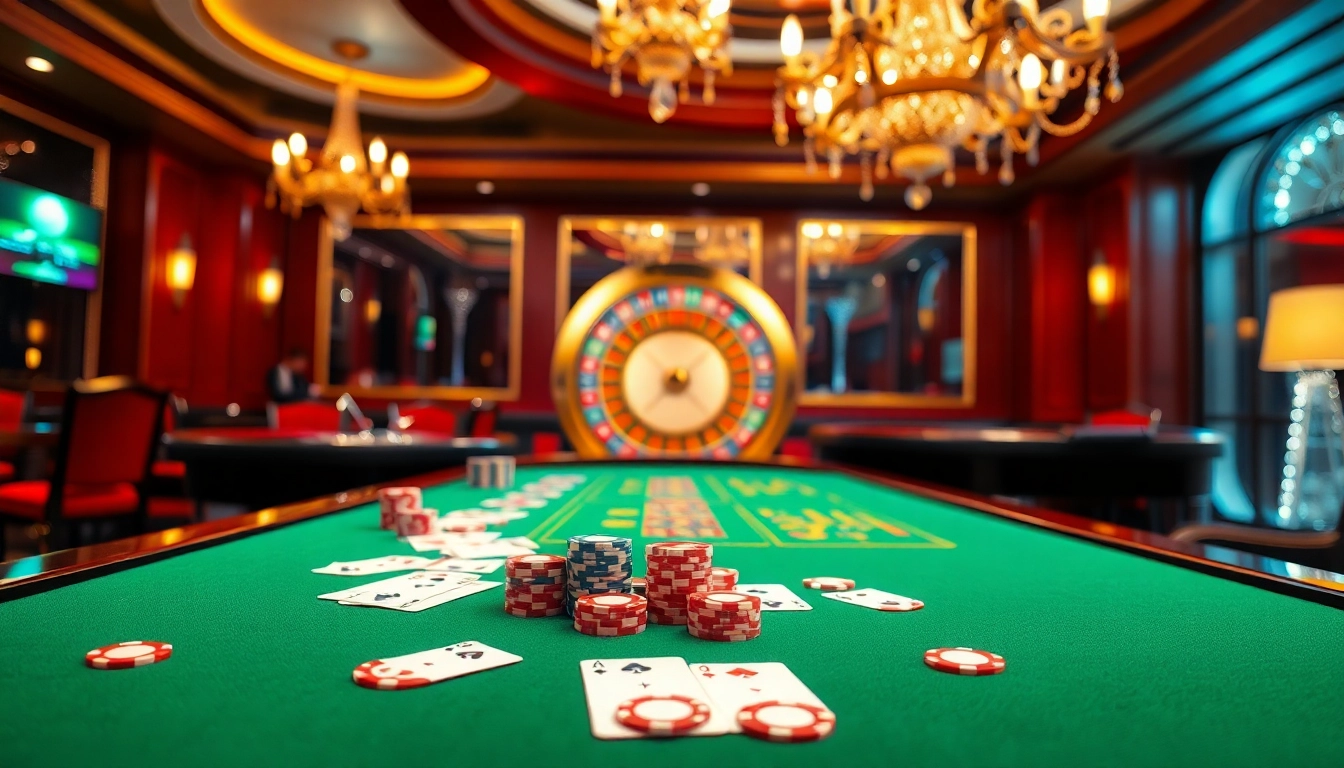 Excited players winning at f168.com in a luxurious casino setting with vibrant gaming tables.