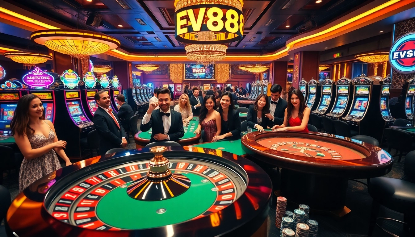 Players winning at the EV88 casino with vibrant casino tables and glowing slot machines.