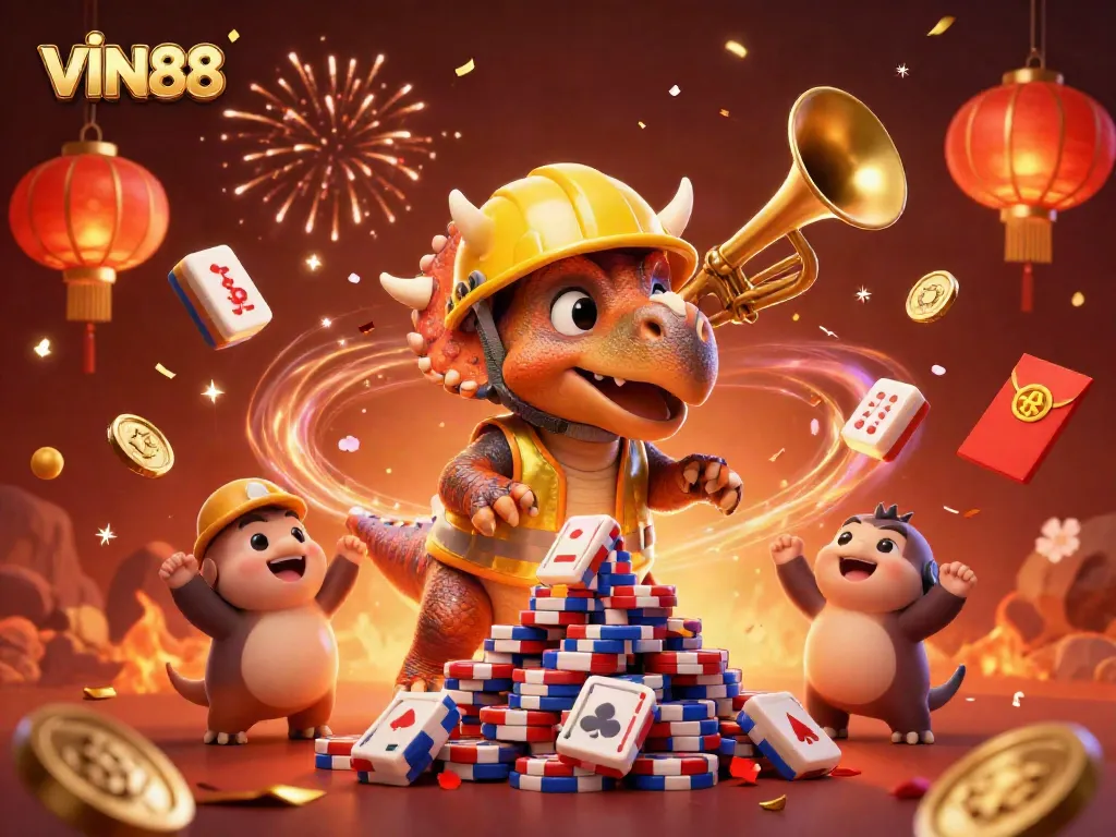 Experience thrilling games at VIN88 with a festive celebration featuring dynamic casino elements.