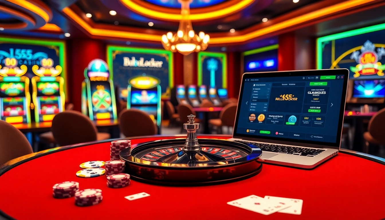 A dynamic casino scene featuring poker chips and a roulette wheel at bl555.locker, capturing the thrill of online gambling.