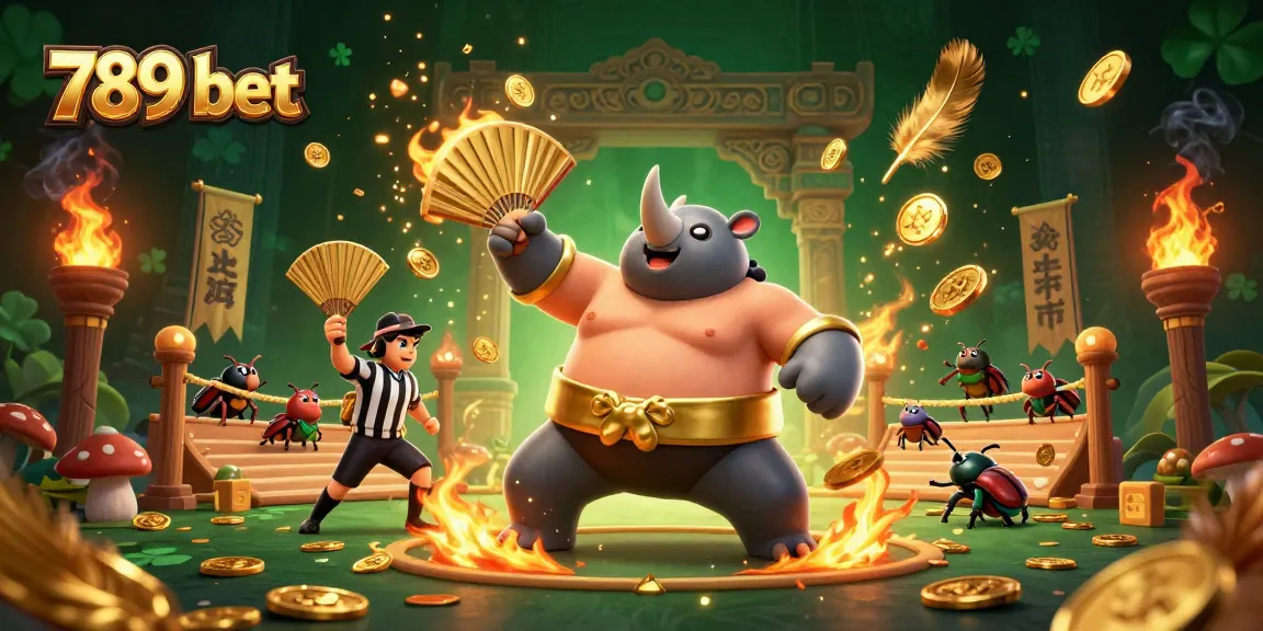 Experience thrilling wins with 789 bet as a rhinoceros beetle champion stomps coins in a vibrant casino arena.