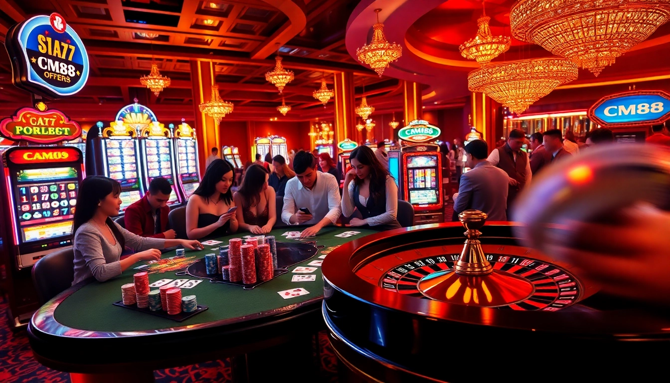 Explore an exciting casino scene at CM88, featuring poker players and vibrant slot machines, capturing the thrilling atmosphere of gambling.