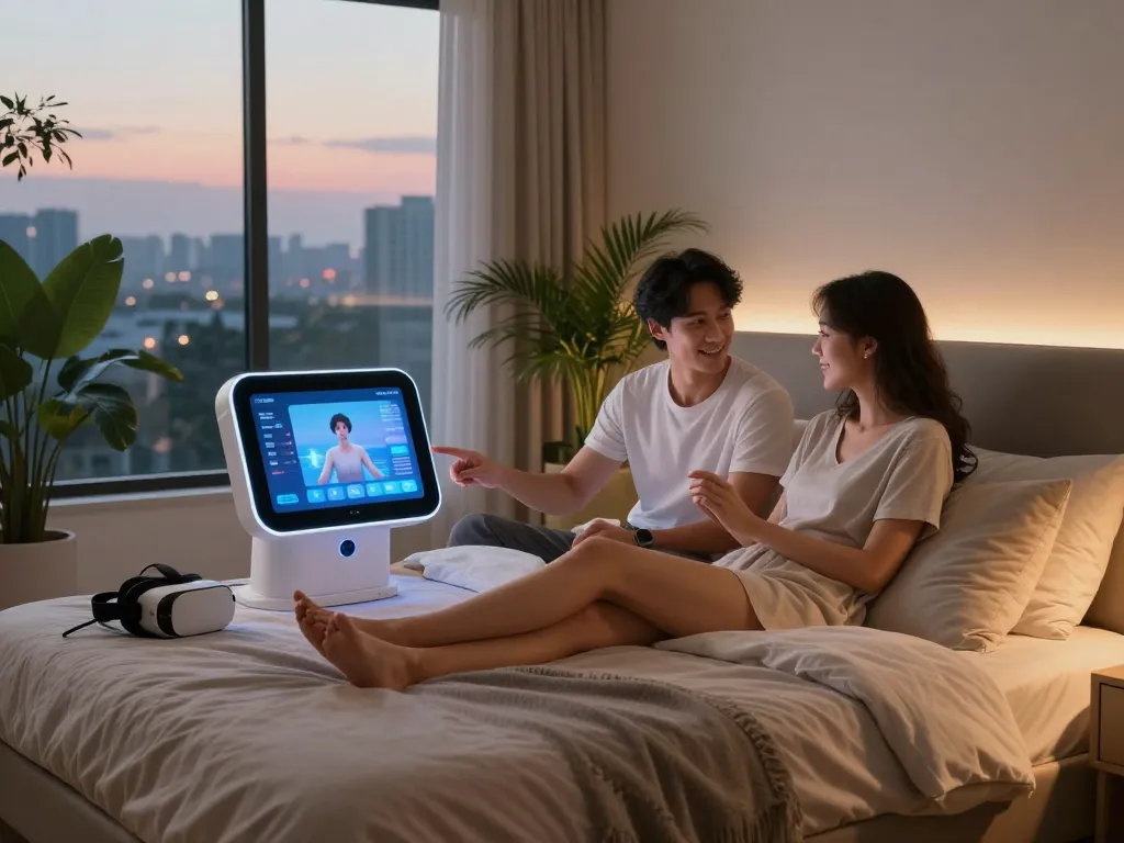 Couple interacting with AI technology in a modern bedroom, exploring sex ai innovations.