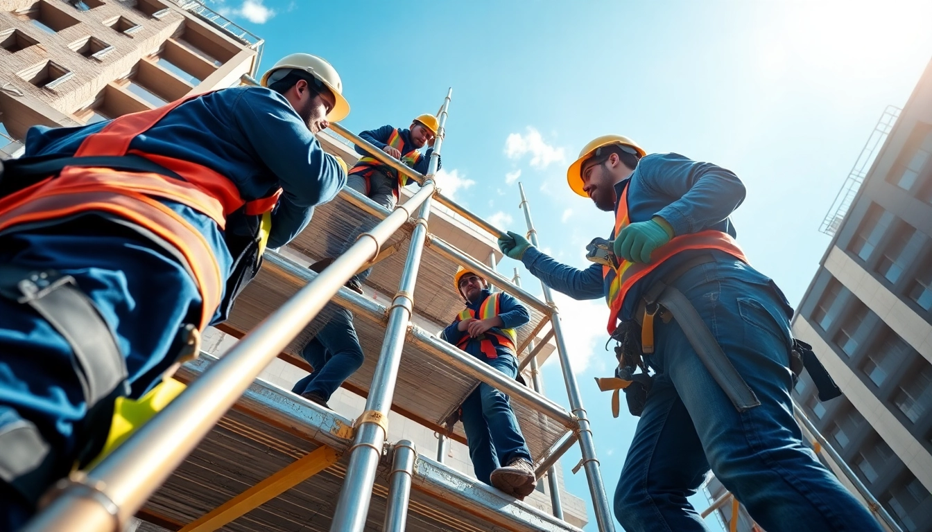 Scaffolders Manchester actively constructing high-rise buildings, showcasing teamwork and safety.