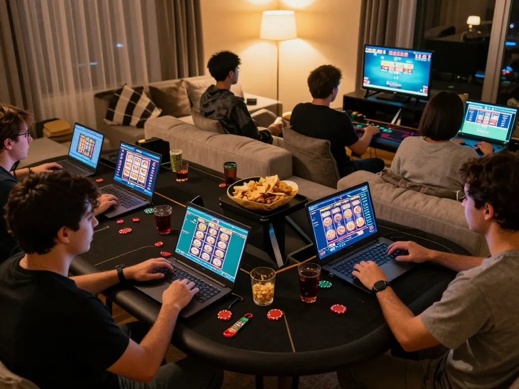 Players enjoying online casino games on LUCKYWIN, showcasing diverse gaming action in a cozy setting
