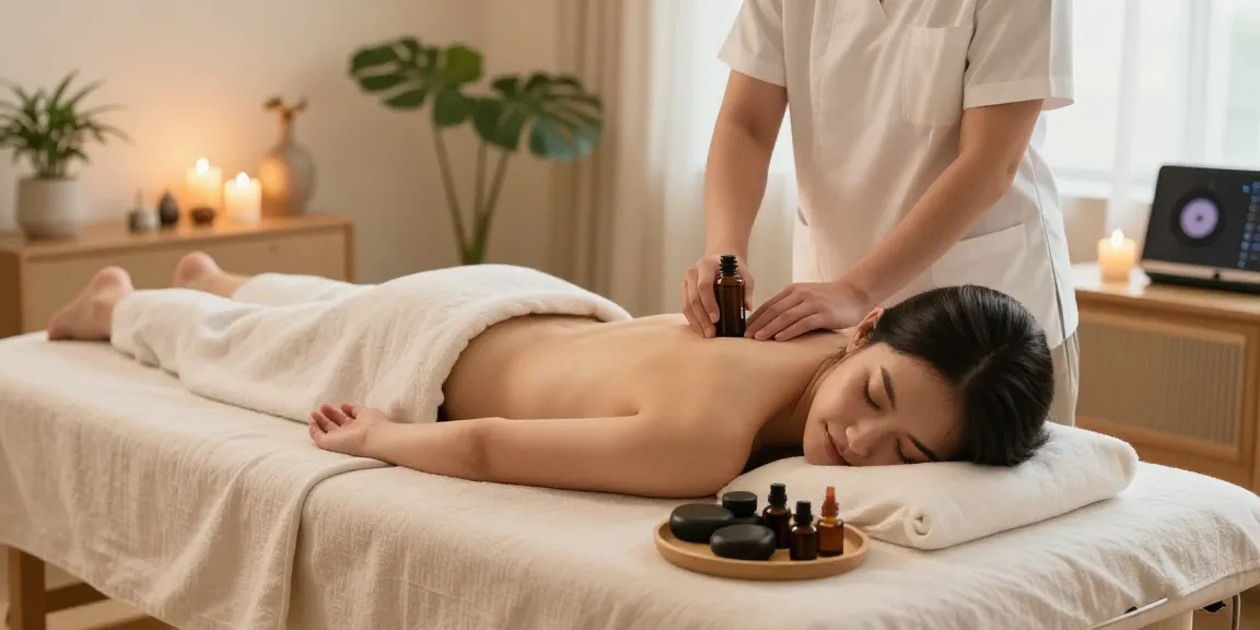 Experiencing 야탑출장마사지 at home, a serene massage scene with calming oils and soft lighting.