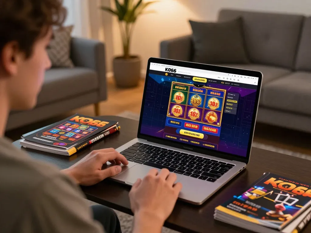 Engaging on KO66 online casino from a cozy home setup, showcasing responsible gaming.