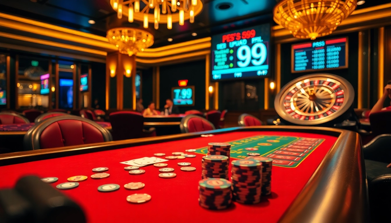 Betting excitement at PS99 with vibrant poker chips and modern casino elements.