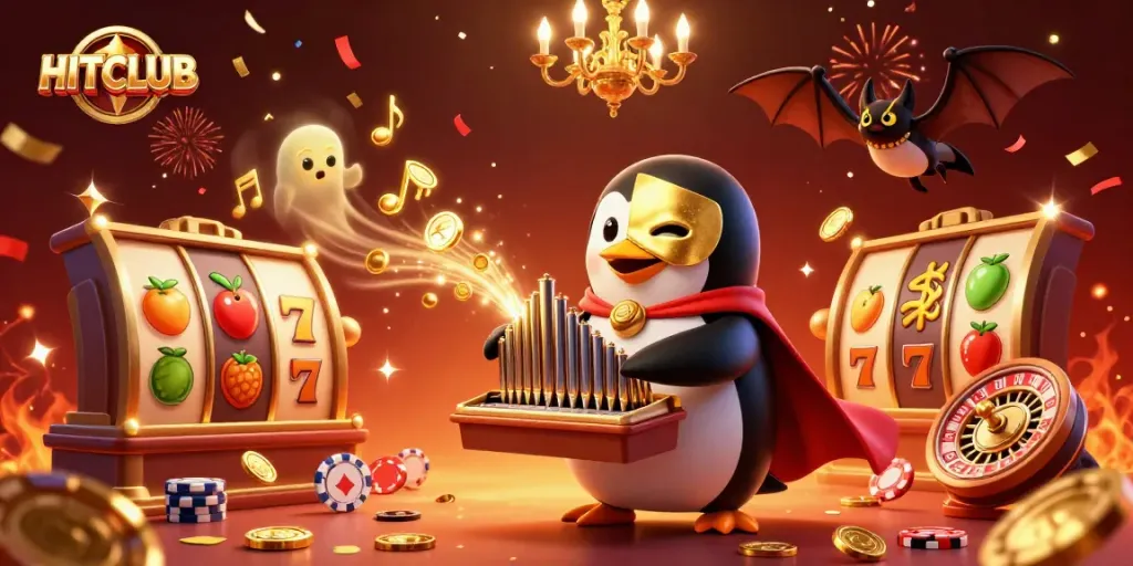 Engage with HITCLUB's thrilling slot games illustrated by a whimsical penguin organist surrounded by dynamic casino elements.