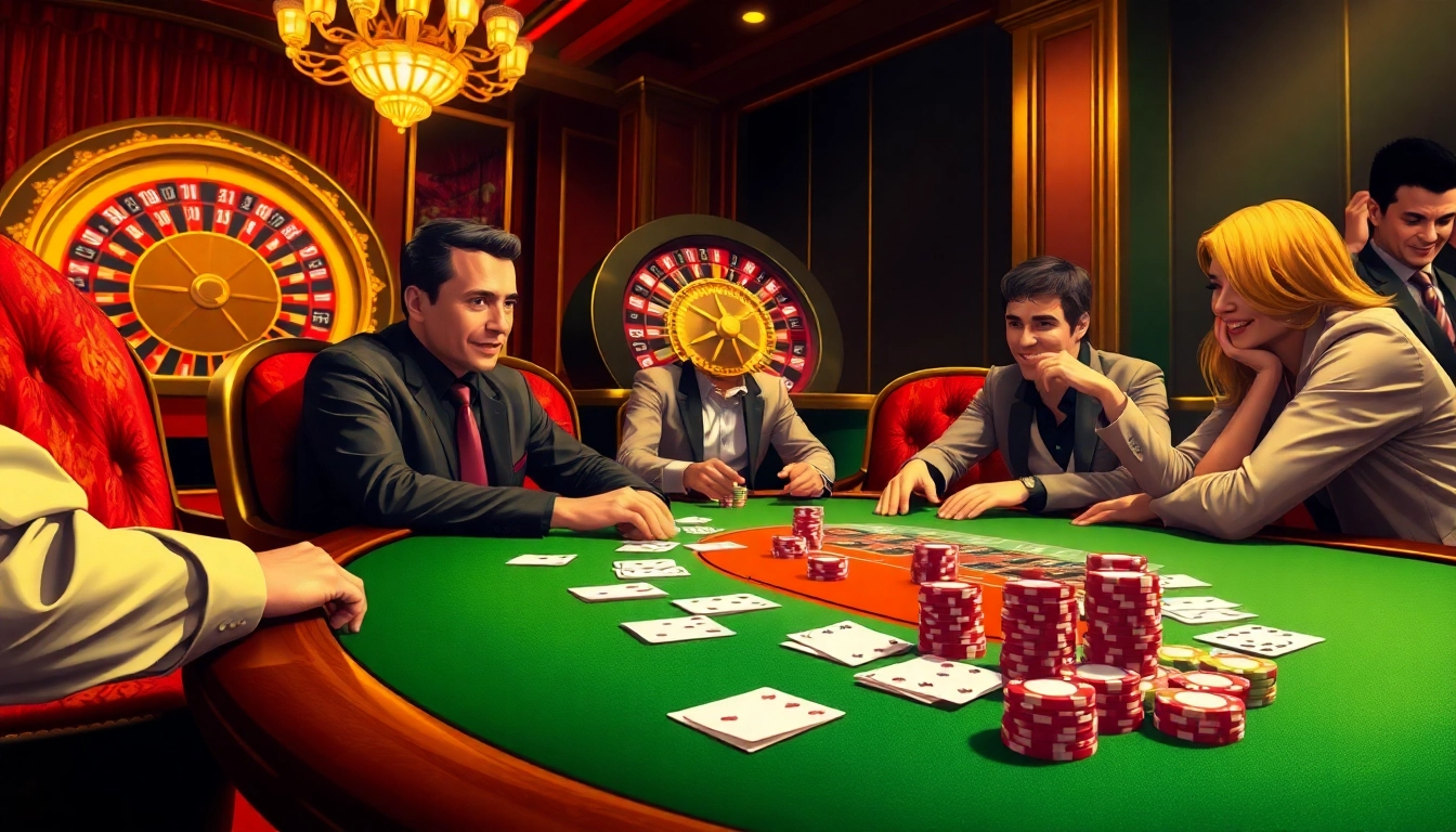 Experience the excitement of the PS99 casino with vibrant poker games and a spinning roulette wheel.