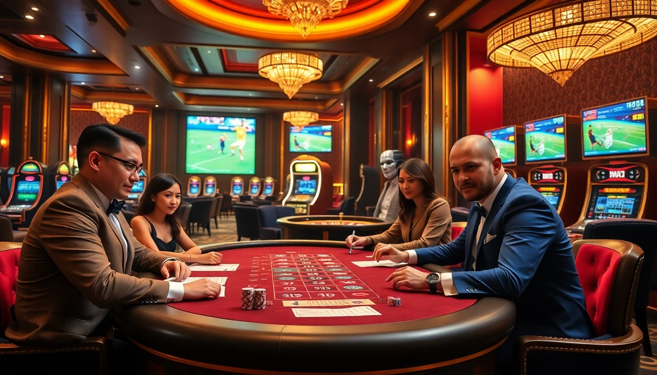 Gamblers engaged in placing kèo bóng đá 88 bets in a luxurious casino setting.