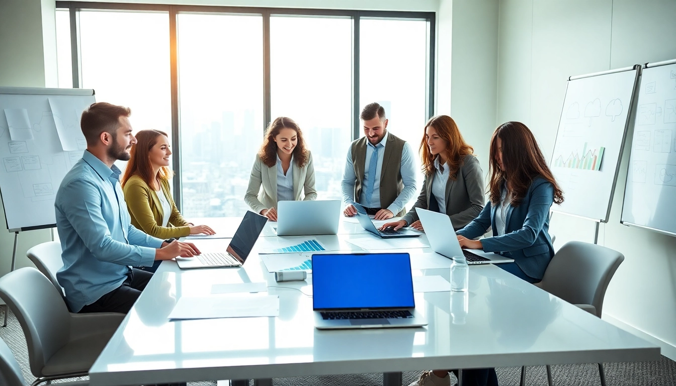 Marketing consultancy professionals collaborating in a bright, modern office.
