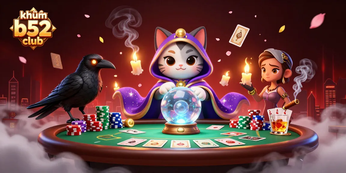 Explore thrilling khuyến mãi b52 club with a mystical cat and raven at a lively poker scene.