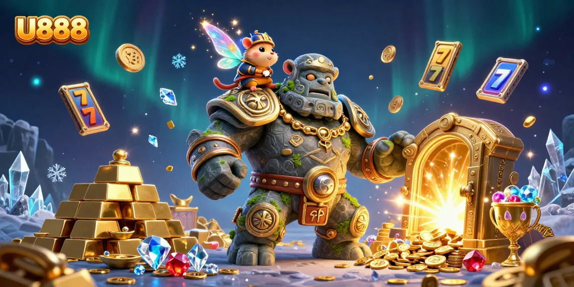 Win big with U888’s animated golem guardian and magical elements in a vibrant casino scene.