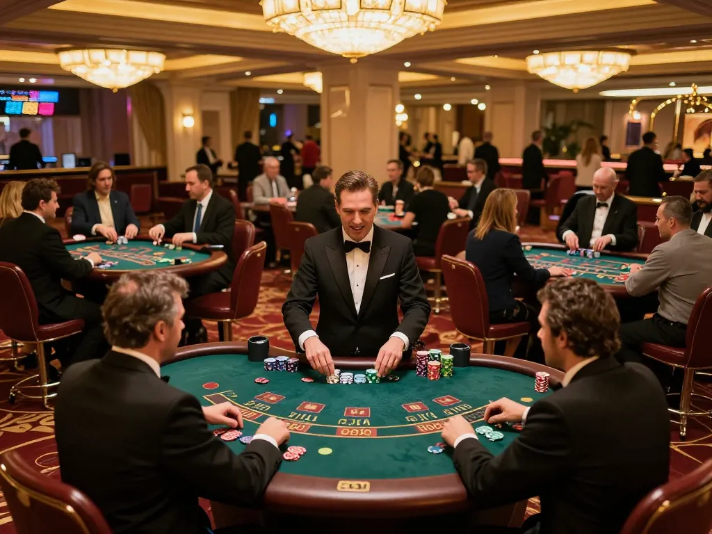 gmnc players strategizing at high-stakes blackjack tables in a vibrant casino setting