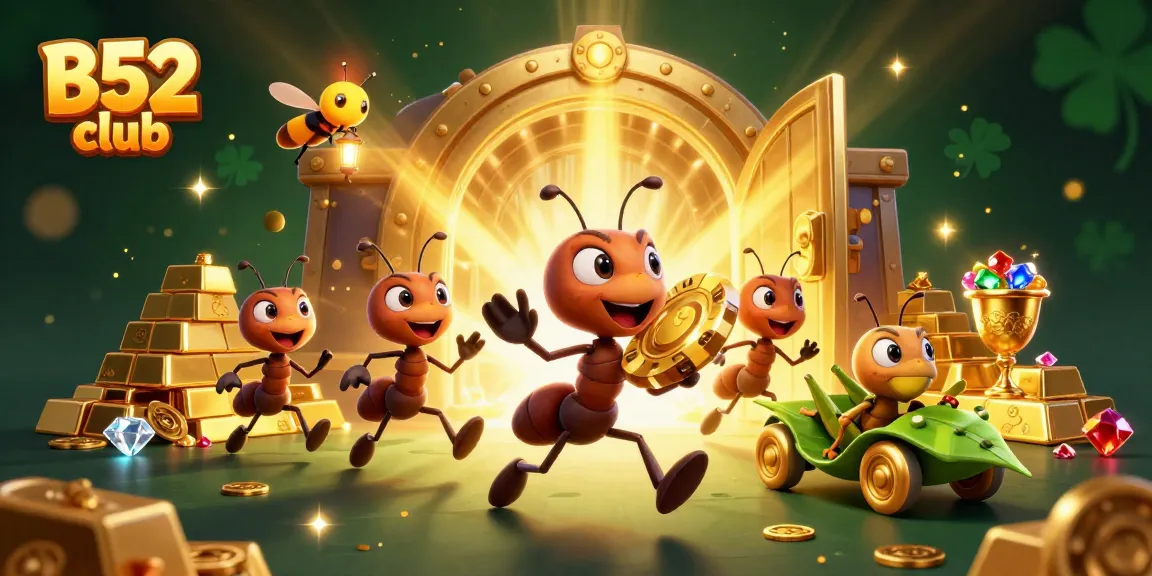 B52 club ants heist with golden poker chip, 3D cartoon casino adventure in vibrant gold.