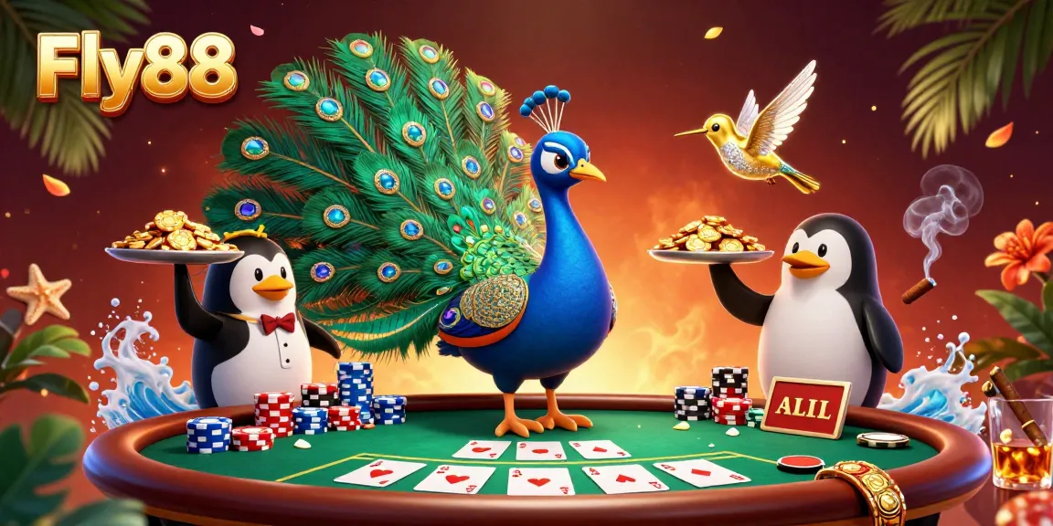 Engage in a vibrant Fly88 casino scene with cartoon peacock, penguin butler, and hummingbird.