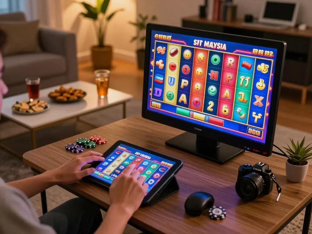 Engaged player enjoying Slot Malaysia games on a tablet in a cozy home setup.