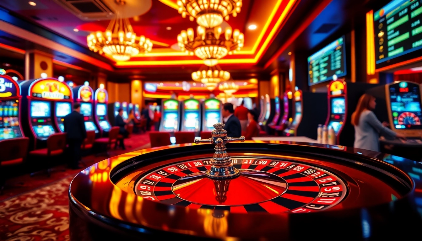 The thrilling ambiance of a casino, featuring roulette and slot machines with vvjl6 com branding, capturing exciting gameplay.