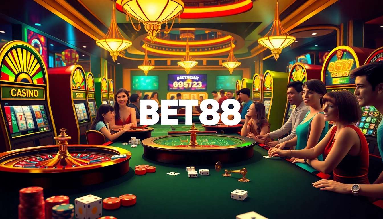BET88 casino players excitedly competing at game tables with chips and cards.