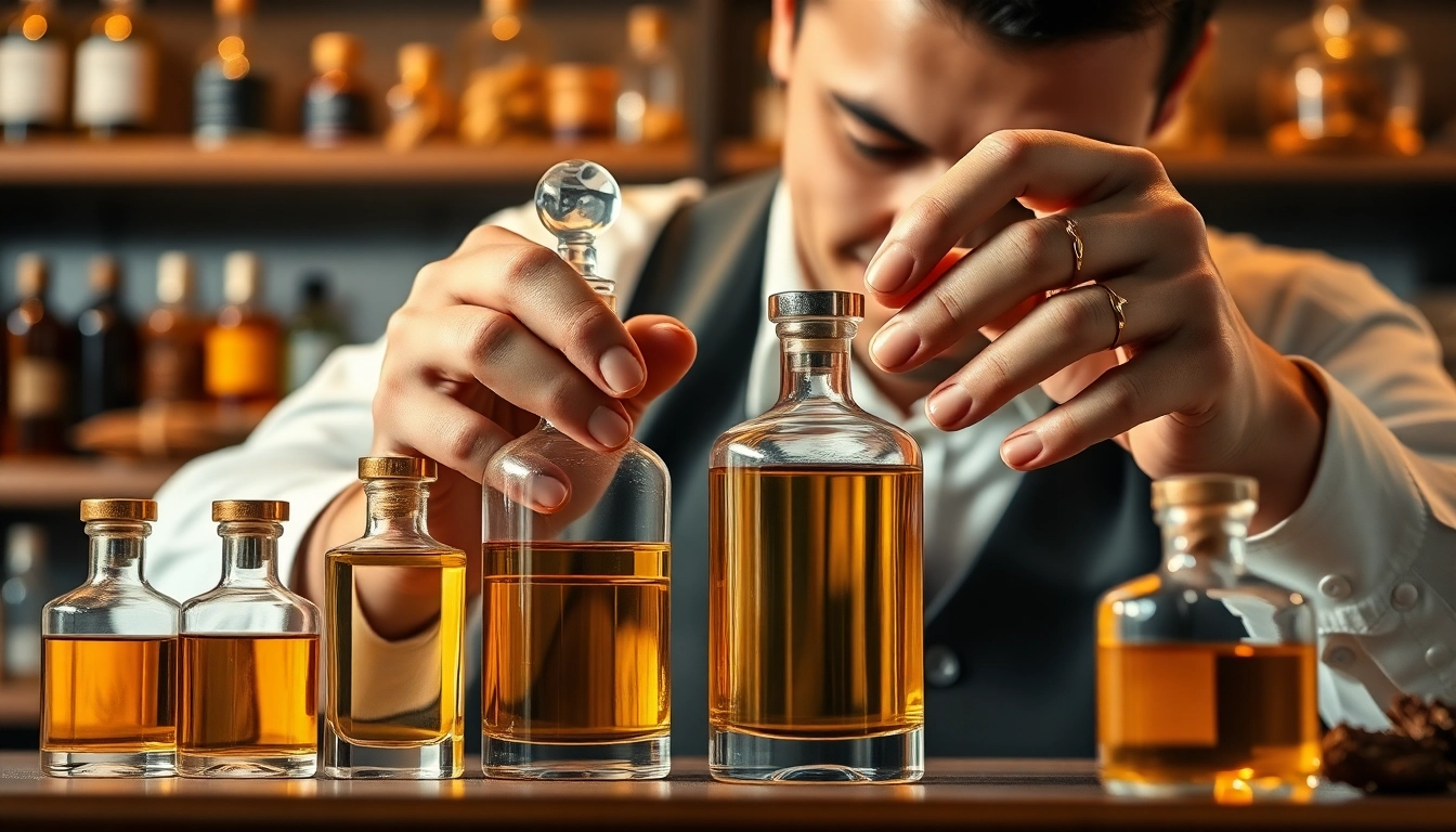 Creating an oud perfume dupe with elegantly designed bottles and exotic ingredients in a luxurious setting.