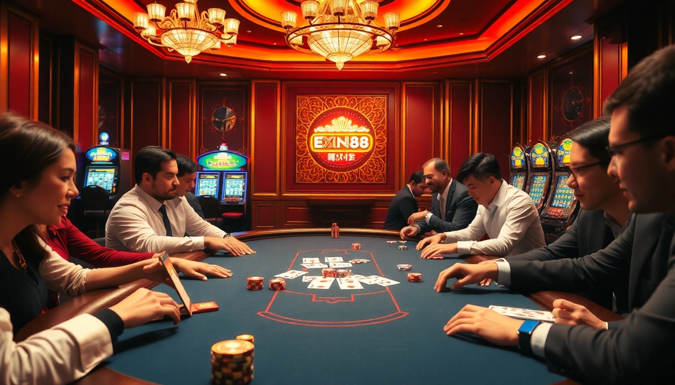 Players engaging in an exciting poker game at a luxurious casino table featuring xin88 com.