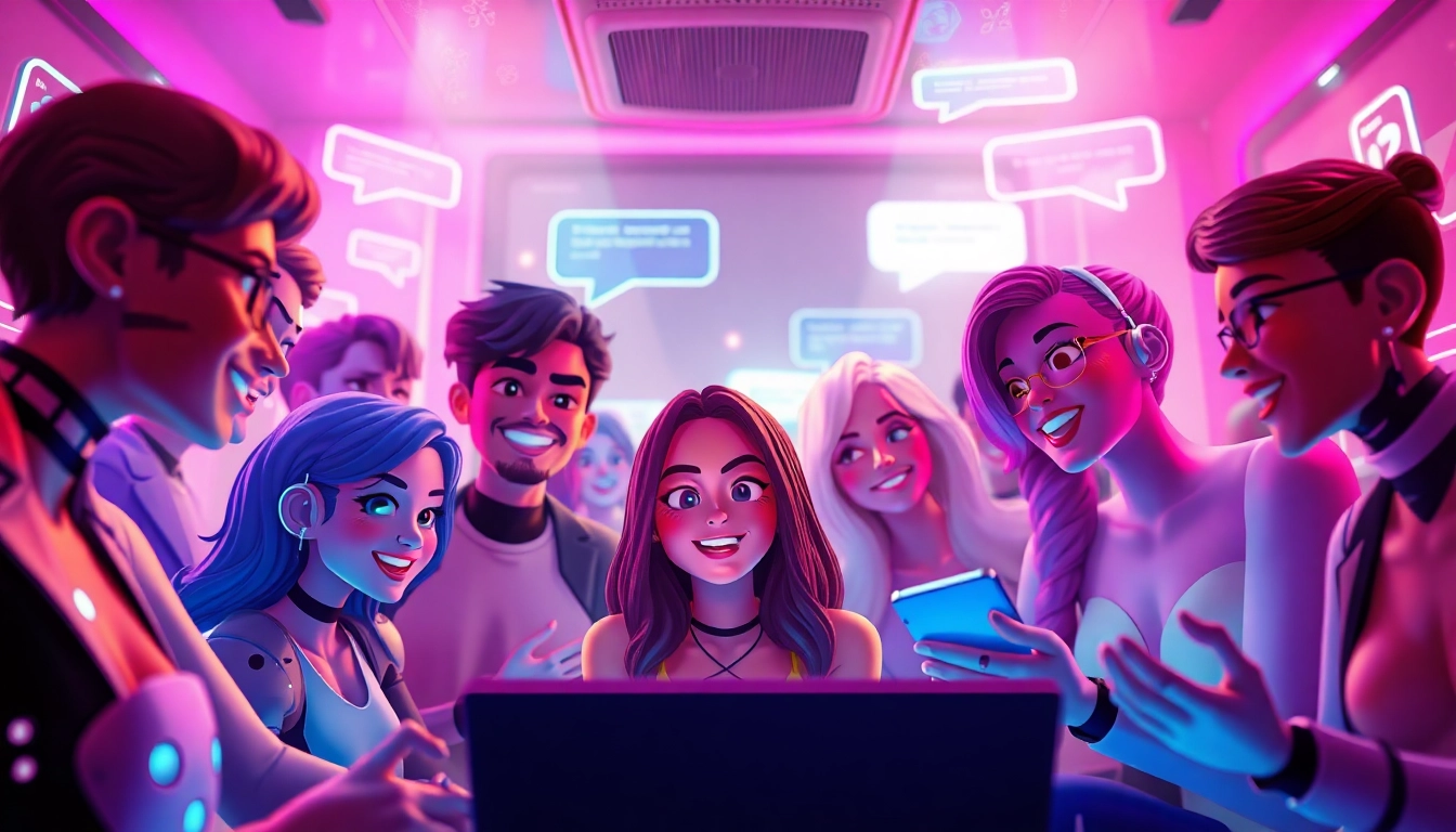 Engaging characters in an AI sexchat room, showcasing vibrant interactions.