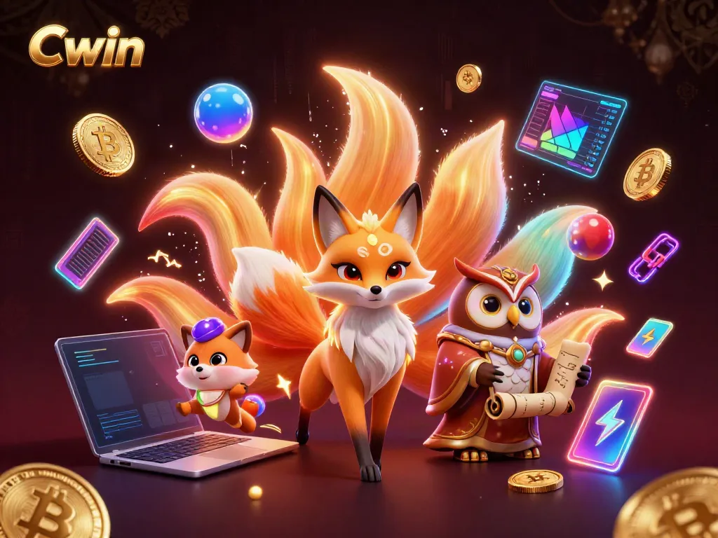 Engage with Cwin's vivid 3D illustration showcasing a magical fox spirit and owl amidst glowing cryptocurrency.