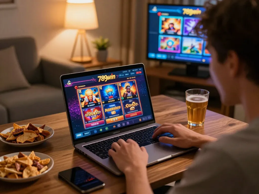 Player enjoying the 789win casino app on a laptop, showcasing vibrant online slot options and strategic gameplay.