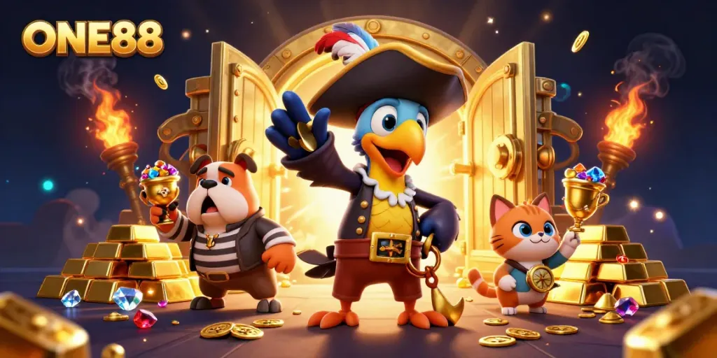 ONE88 captures the action of online gambling with vibrant pirate characters and treasure elements.