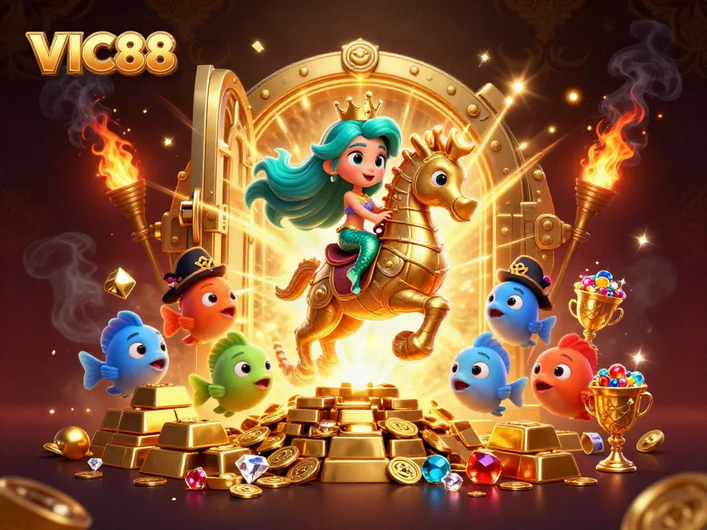 Engage with VIC88's thrilling games and jackpot opportunities in a vibrant casino-themed illustration.